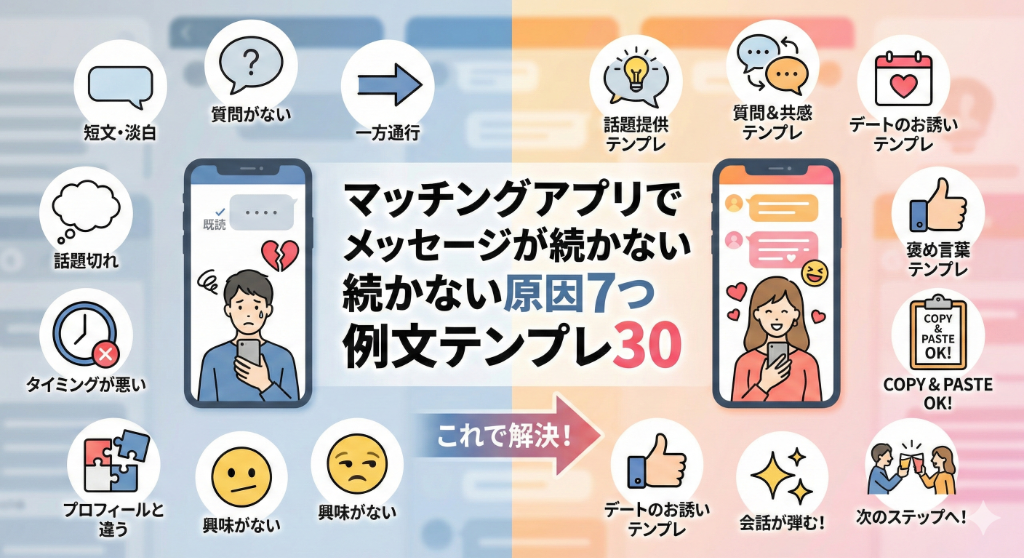 【保存版】マッチングアプリでメッセージが続かない原因7つ|会話が続く例文テンプレ30+NG改善