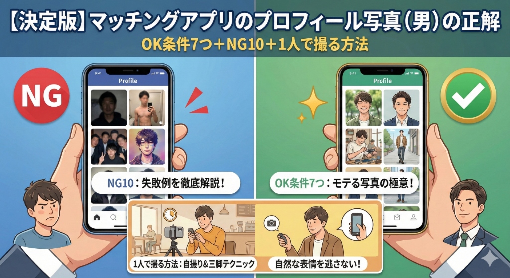 【決定版】マッチングアプリのプロフィール写真(男)の正解|OK条件7つ+NG10+1人で撮る方法