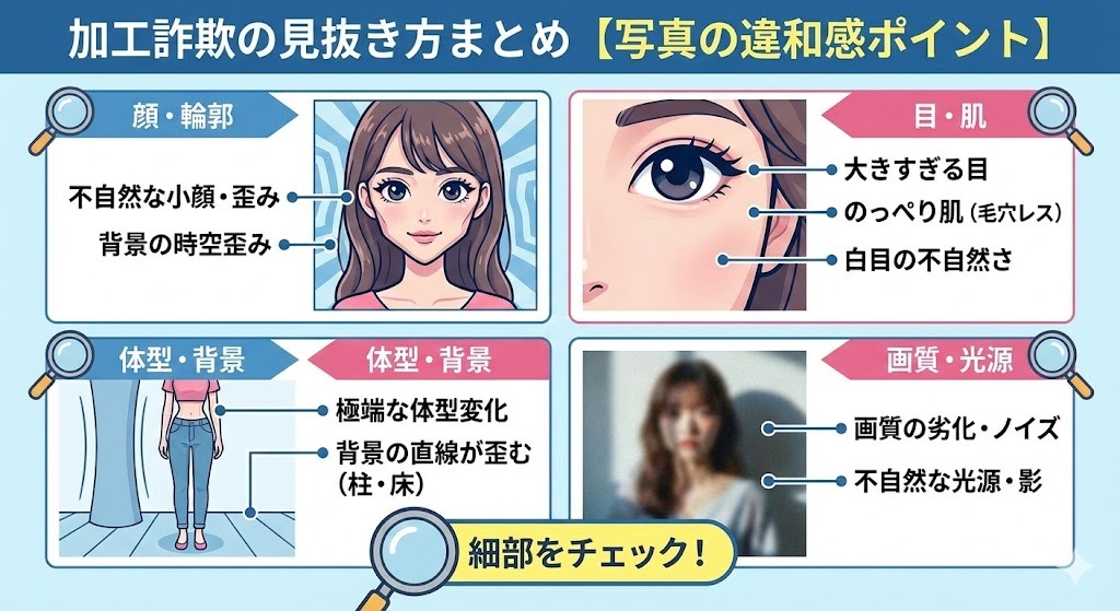 加工詐欺の見抜き方まとめ【写真の違和感ポイント】
