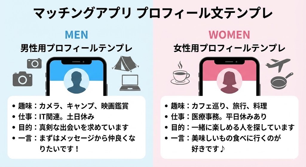 【マッチングアプリ】コピペで使える!好印象なプロフィール文のテンプレート(男女別)